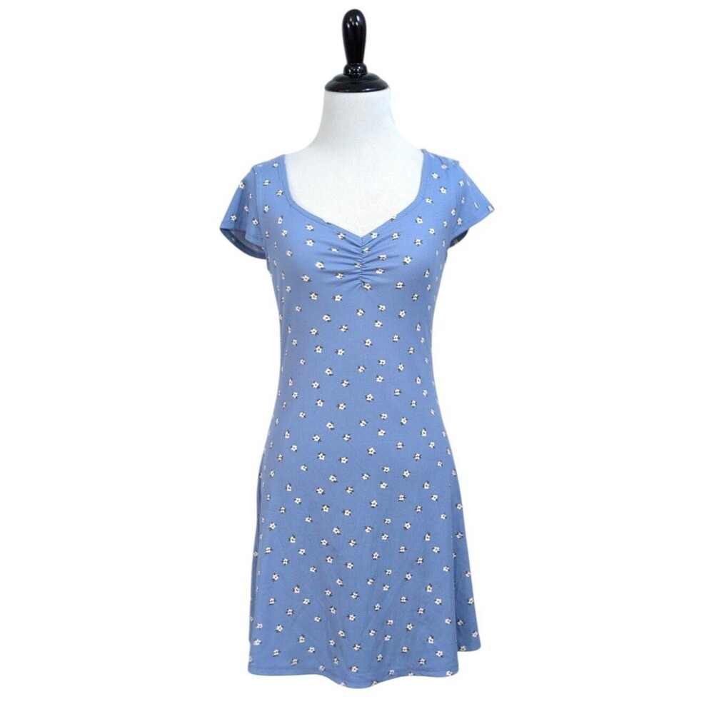 No Boundaries Ribbed Blue Floral Stretchy Skater Dress - Size XS Womens 0-2